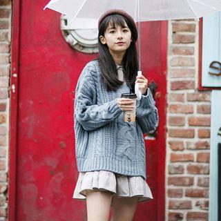 Set: Cable-knit Sweater + Long-sleeve Mini A-line Shirtdress