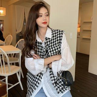 Long-sleeve Striped Shirt / Tweed Buttoned Vest