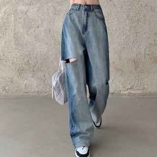 High Waist Distressed Gradient Wide Leg Jeans