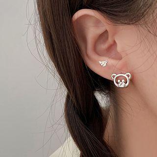 Bear Asymmetrical Alloy Earring 1 Pair - Set Of 4 - Earrings - Bear - Silver - One Size