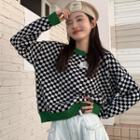 Contrast Trim Checkerboard Cropped Sweater