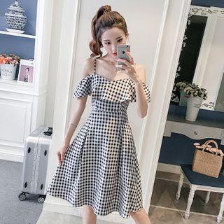 Cold-shoulder Ruffled Plaid A-line Dress