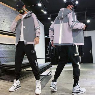 Reflective Color Block Lettering Hooded Zipped Jacket + High-waist Reflective Cargo Sweatpants