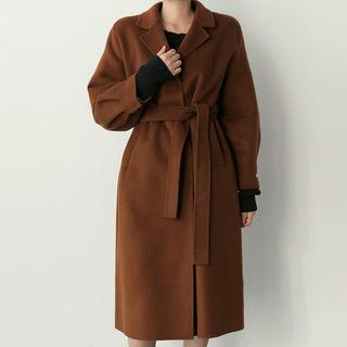 Puff-sleeve Wool Blend Coat With Sash