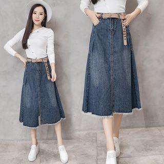 Frayed Split-hem Denim A-line Skirt
