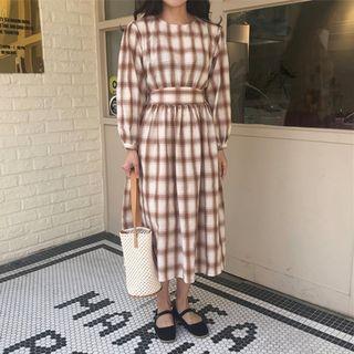 Long-sleeve Plaid Midi A-line Dress White - One Size