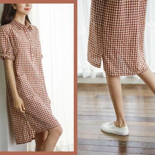 Half-placket Elbow-sleeve Gingham Shirtdress