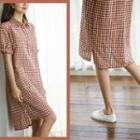 Half-placket Elbow-sleeve Gingham Shirtdress