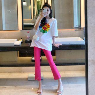 Short-sleeve Floral T-shirt / High-waist Plain Leggings