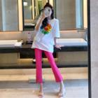 Short-sleeve Floral T-shirt / High-waist Plain Leggings