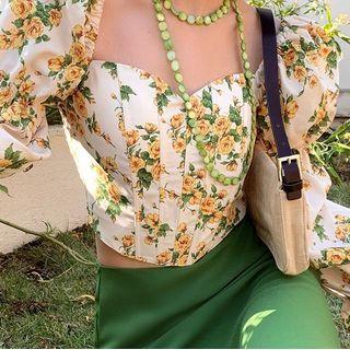 Long-sleeve Floral Print Corset Top