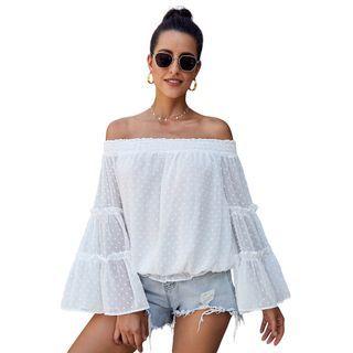 Flare Sleeve Off-shoulder Dotted Blouse