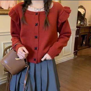 Square Neck Ruffle Trim Cardigan