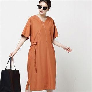 V-neck Belted Midi Shift Dress