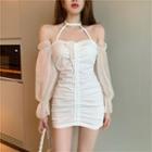 Cold Shoulder Long-sleeve Mini Sheath Dress White - One Size