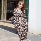 Wrap-front Crinkled Leopard Midi Dress Beige - One Size