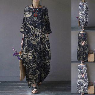Print 3/4-sleeve Wide Maxi Dress
