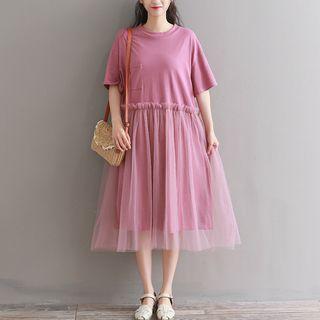 Sheer Panel Short-sleeve Midi A-line Dress