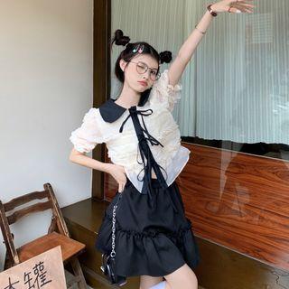 Two-tone Lace-up Shirt + Pleated Mini Skirt