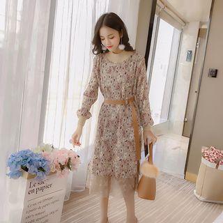 Lace Panel Flower Print Long-sleeve Midi Dress