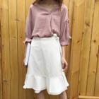 V-neck Elbow-sleeve Blouse / Mini Skirt