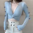 Long-sleeve Bow Detail Cropped T-shirt Blue - One Size