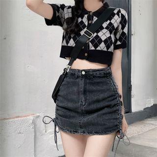 Short-sleeve Argyle Cropped Cardigan / Drawstring Denim Skirt