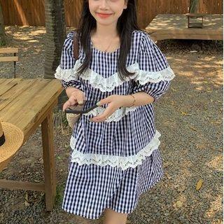 Gingham Lace Trim Mini Shift Dress