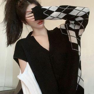 Argyle Panel Cut-out Cardigan Black - One Size