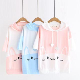 Short-sleeve Ear-accent Hooded T-shirt