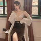 Lace Trim Camisole / Cable Knit Long Cardigan / Slit-front Corduroy Fitted Skirt