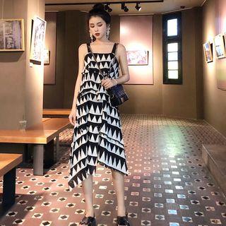 Asymmetric Hem Patterned Sleeveless Dress As Shown In Figure - One Size