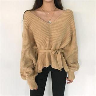V-neck Wool Blend Sweater With Tie