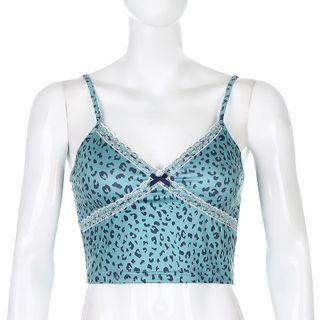 Trim Leopard Spaghetti-strap Lace Panel Top