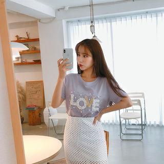 Faux-pearl Trim Lettering T-shirt