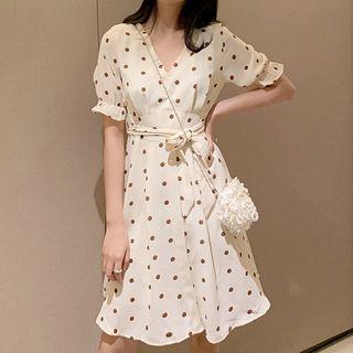Short-sleeve V-neck Polka Dot Dress As Shown In Figure - One Size