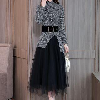 Set: Turtleneck Melange Sweater + Midi A-line Mesh Skirt