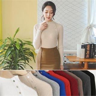 Mock-neck Button-trim Rib-knit Top