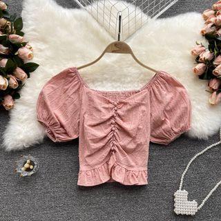 V Collar Ruffle Puff-sleeve Top