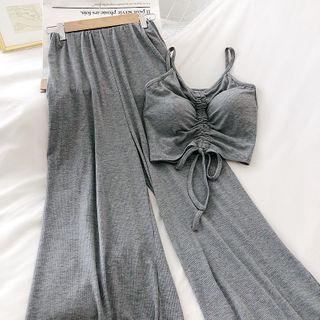Set Of 2: Drawstring Camisole Crop Top + Wide Leg Pants