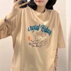 Short-sleeve Cat Printed Oversized T-shirt Almond - One Size