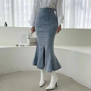 High Waist Washed Denim Midi Mermaid Skirt