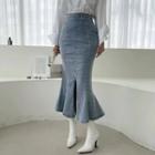 High Waist Washed Denim Midi Mermaid Skirt