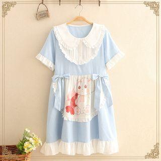 Bow-detail Ruffled Collared Short-sleeve Dog Print Dress