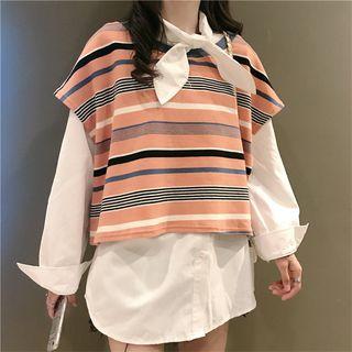 Long-sleeve Tie Neck Plain Shirt / Striped Vest