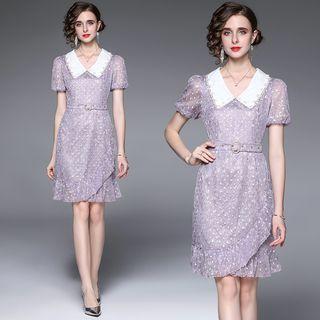 Puff-sleeve Dotted Belted Sheath Dress