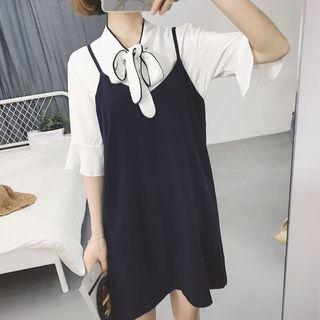 Set: Bell-sleeve Bow Blouse + Slipdress