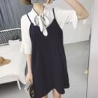 Set: Bell-sleeve Bow Blouse + Slipdress