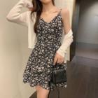 Plain Cardigan / Spaghetti Strap Floral A-line Mini Dress