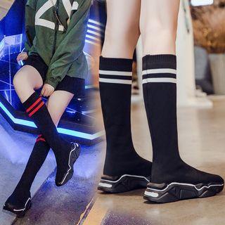 Striped Trim Platform Knee-high Boots